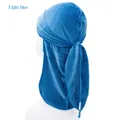 Detail of light blue velvet durag for kids with soft metallic sheen and extra long tail - One Size / Lake Blue