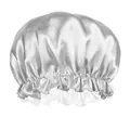 Macro view of silver satin sleep cap showing ruffled edges and silky smooth texture - Gray