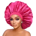 Detail of hot pink satin sleep bonnet showing glossy fabric texture and elastic wide band - One Size / Rose Red