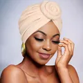 Detail of rose-colored bohemian turban hat with 3D floral knot decoration for women - Khaki