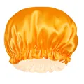 Detail of orange satin sleep cap showing elastic lace trim and silky texture - Orange