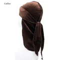 Side view of dark coffee velvet durag with long tail on a model head for styling - One Size / Coffee