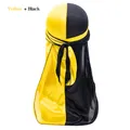 Adult silky durag with long tail in contrast yellow and black satin fabric design - One Size / Yellow and Black