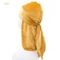 Detailed texture of gold velvet durag with long straps and reinforced stitching - One Size / Gold