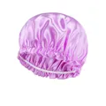 Pink satin sleep bonnet with elastic white band and ruffled edge for hair care - Adjustable / Light Purple