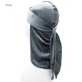 Detail of grey velvet kids durag showing soft fabric texture and long tail on a mannequin - One Size / Gray