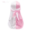 Silky satin durag with vertical pink and white color block design and long ties - One Size / Pink and White