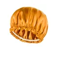 Golden satin bonnet with elastic band for hair care, featuring smooth glossy texture - Adjustable / Orange
