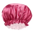 Detail of rose red satin sleep cap showing glossy fabric texture and elastic ruffle band - Dusty Rose