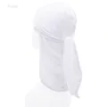 Detail view of white velvet durag with long straps on a model head for kids - One Size / White