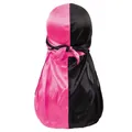 Silk-like pink and black contrast color durag with long straps and satin finish - One Size / Pink and Black Patchwork