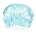 Close-up of light blue satin sleep cap showing glossy fabric texture and elastic hem - Light Blue