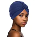 Close-up of deep blue turban knot with soft knitted texture and elegant folds - One Size / Navy Blue