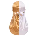 Golden and white two-tone silky durag with long tail and smooth satin finish - One Size / Gold and White Patchwork