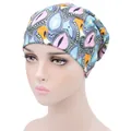 Turban en coton imprimé floral bleu et rose avec doublure satin et motifs géométriques - Paisley Bleu Rose (YH-20)