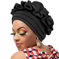 Ethnic style black pleated turban hat with a layered ripple design for women - Black