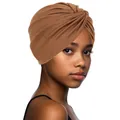 Detailed view of the knotted twist design and pleated texture on the brown turban hat - One Size / Dark Khaki