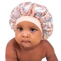 Pink satin baby bonnet featuring colorful rainbow and unicorn prints with elastic headband - Dusky Pink