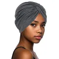 Close-up of a dark grey turban hat with crossed pleated design for women - One Size / Dark Gray