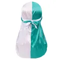 Silky durag with bicolor design in white and teal for hair wave styling and protection - One Size / White and Lake Blue