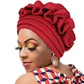 Vibrant red pleated turban headwrap with layered floral design and gold earrings - Red