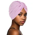 Detail of the twisted pleat design and soft knit texture on a pale pink turban headwrap - One Size / Light Purple