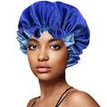 Close-up of dual-layer blue satin bonnet featuring ruffled elastic edge for hair care - 30cm / Royal Blue + Light Blue