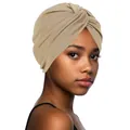 Detail of cross knot design on khaki turban cap with soft knit fabric texture - One Size / Light Khaki