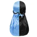 Sky blue and black two-tone silky satin durag with long tails for hair protection - One Size / Sky Blue and Black