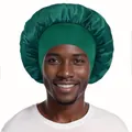 Mens solid dark green satin sleep bonnet with elastic wide band for hair protection - One Size / Cyan