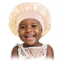 Champagne gold satin children's sleep bonnet with pink wide elastic hair protection band - One Size / Off White