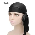 Silky black durag for hair styling with extra long tails shown on a model head - One Size / Black
