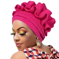 Chic rose red pleated turban cap with ruffled design for African fashion ethnic style - Rose Red