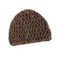 Solid color crochet mesh beanie hat in dark brown featuring a hollow openwork pattern - Coffee
