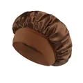 Brown satin sleep bonnet with wide elastic band for curly hair protection and night care - One Size / Coffee