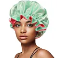 Detail of double-layer satin sleep cap with green exterior and red lining with elastic band - 30cm / Fruit Green And Watermelon Red