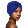 Detalle del turbante azul real con elegante nudo frontal y diseño de tela plisada - Talla única / Azul Real