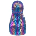Holographischer seidiger Durag für Herren Langer Schwanz Kopfbedeckung Metallic Wappenhut - Saphirblau