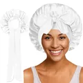 Détail du bonnet de nuit en satin blanc avec grand nœud et longues sangles réglables - Couture Extérieure / Blanc