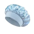 Light blue wide-band elastic satin sleep bonnet for hair protection and beauty care - One Size / Light Blue