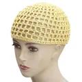 Solid light yellow crochet mesh hairnet cap for adults in a breathable hollow knit design - Beige