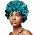 Close-up of double-layered turquoise satin hair bonnet with elastic ruffled edge - 30cm / Lake Blue & Black