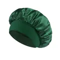 Elastic wide band sleep cap in dark green satin fabric for hair protection and beauty care - One Size / Green