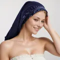 Dark blue satin long hair bonnet with elastic band for night hair protection - Navy Blue
