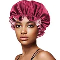 Close-up of dual-layer satin bonnet with elastic ruffled edge and smooth silk texture - 30cm / Wine Red And Pink
