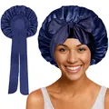 Détail du bonnet de nuit en satin bleu marine avec grand nœud et longs rubans doux - Couture Extérieure / Bleu marine