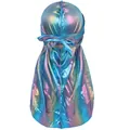 Durag en soie holographique pour hommes bandana à longue queue casquette de pirate brillante - Bleu clair