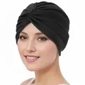 Women's black elastic turban hat with crossover knot front, minimalist headwrap style - One Size / Black