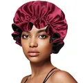 Detail of burgundy double-layered satin hair bonnet with elastic ruffled edges on model - 30cm / Wine Red + Black