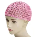Pink crochet mesh hair net hat with hollow out knit design for women hair styling - Pink